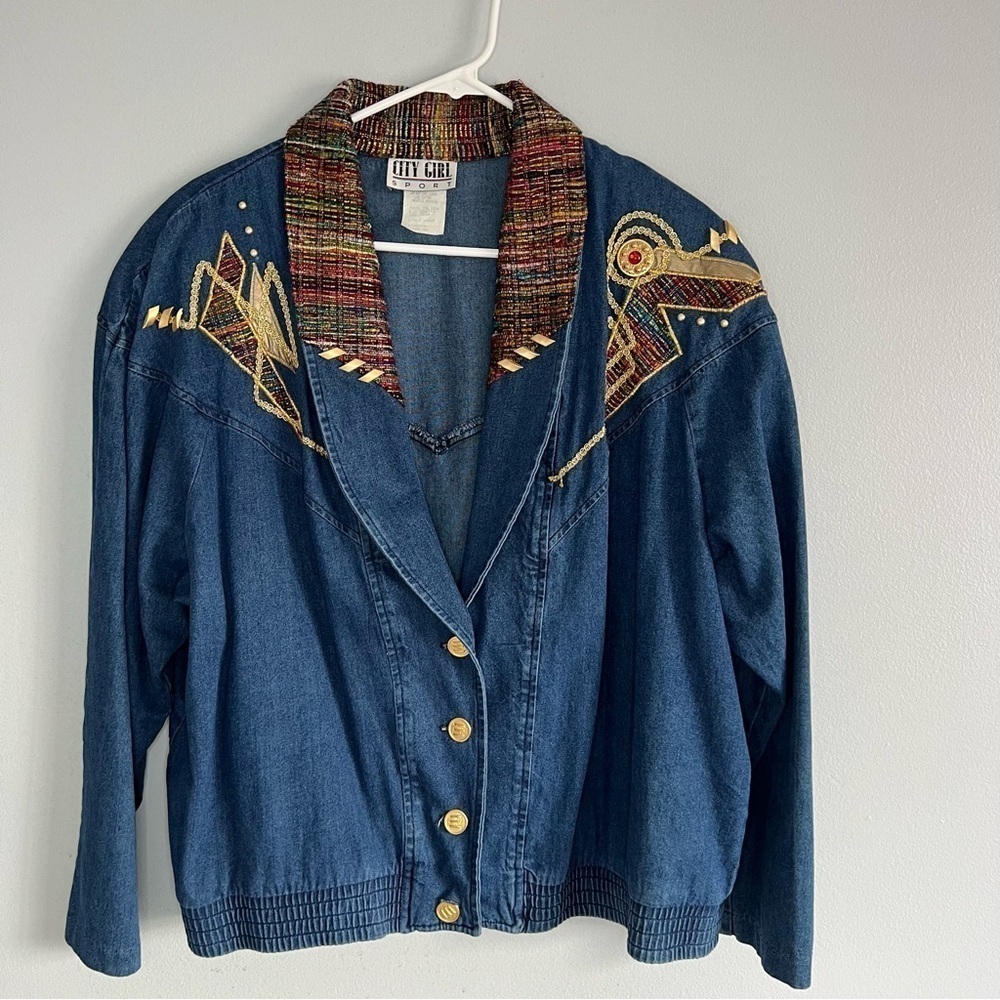 Vintage CITY GIRL SPORT Embroidered Denim Blazer Womens Sz 16 Western Retro